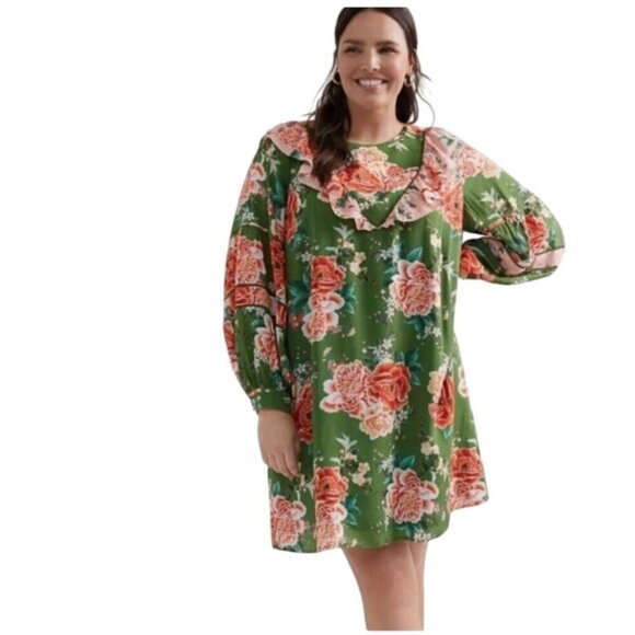 FARM Rio Dresses & Skirts - Farm Rio Long Sleeve Green Floral Dress 1X NWT Elinor Tunic Ruffle Short Flowy